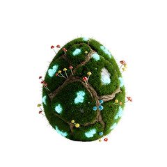 Poster - Detailed Digital Render of a Moss Covered Egg with Glowing Blue Lights and Mushrooms