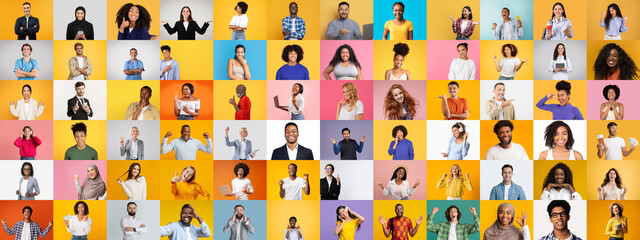 Poster - A colorful collection of diverse individuals showcasing various lifestyles and emotions against bright, isolated backgrounds. This collage highlights cultural diversity and inclusivity.