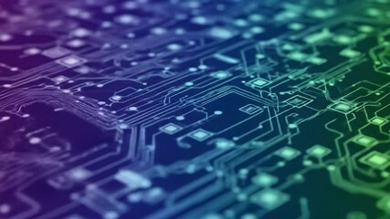 Poster - Abstract close-up of a circuit board, showcasing intricate pathways and components in a vibrant teal and purple gradient.  The image suggests technological complexity and connectivity