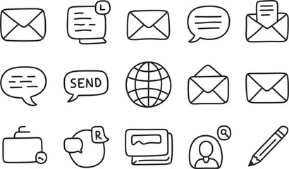 Poster - Collection of hand drawn doodle style email and communication icons with simple line art