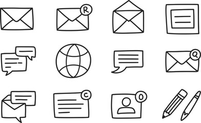 Poster - Hand-drawn doodle vector icons depicting communication email world and office elements