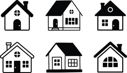 Poster - Simple black and white house illustrations depicting various home designs for real estate concepts