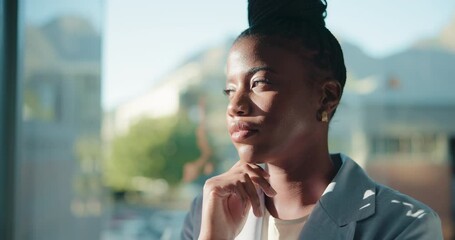 Poster - Business, thinking and black woman problem solving in office for idea or real estate insight. Reflection, decision or serious worker with thought, challenge or doubt for property investment by window