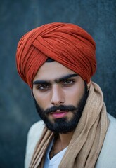 Wall Mural - a man wearing a traditional orange turban and a beige scarf, standing against a dark blue wall.