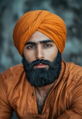 Wall Mural - a man wearing an orange turban and a brown shirt, standing in front of a stone wall with a blue and 