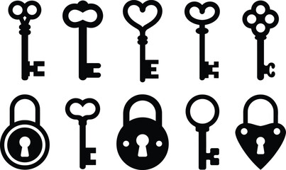 Poster - Elegant vector illustrations of various keys and locks in a classic black silhouette for designs