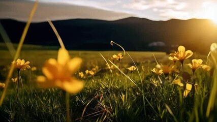 Wall Mural - Sunlit meadow with yellow wildflowers and tall grass against rolling hills at sunrise, creating a peaceful and idyllic landscape