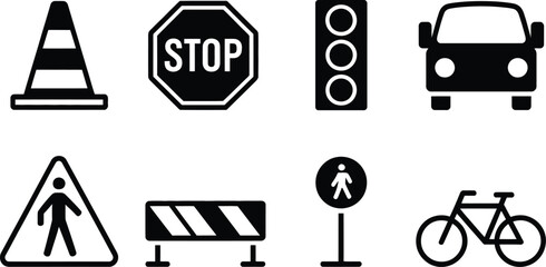Poster - Collection of black and white road safety and transportation icons and symbols for design.