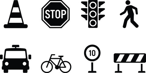 Poster - Black and white vector illustrations of various traffic and road safety signs and symbols