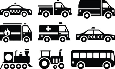 Poster - Black and white silhouettes of various transport vehicles for design and infographic use