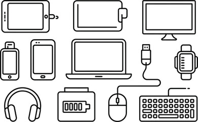 Poster - Collection of minimalist outlined technology devices and gadgets for modern digital illustration
