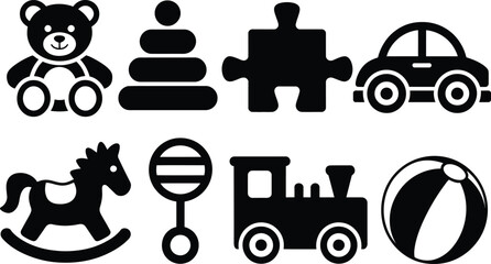 Poster - Black and white simple illustrations of various classic toys for children of all ages