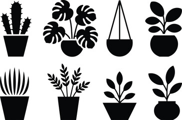 Poster - Collection of black silhouette houseplants in various pots representing nature and greenery