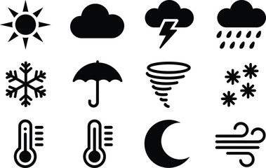 Poster - Simple weather icons illustrating diverse climatic conditions featuring sunlight rain snow and more.