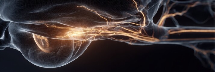 Poster - 3D Rendering of Optic Nerve and Eye Anatomy With a Futuristic Glow Showcasing Detailed Neural Connections and Structure in a Clean Upper Margin Format