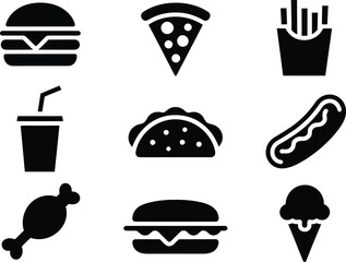 Poster - Collection of black and white flat icon illustrations representing popular fast food menu items