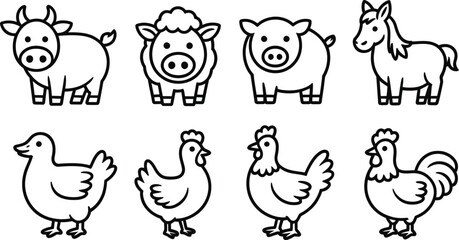 Poster - Collection of cute farm animal vector illustrations in a simple black and white line art style