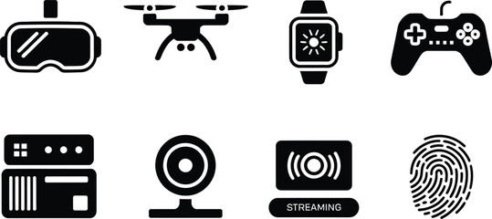 Poster - Black and white icon set featuring modern technology and digital devices graphics