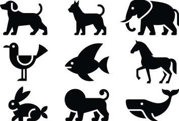 Poster - Collection of black animal silhouettes featuring dog cat elephant bird fish horse lion rabbit and whale