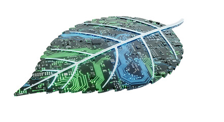 Poster - Digital Leaf Illustration with Circuit Board Pattern on Black Background
