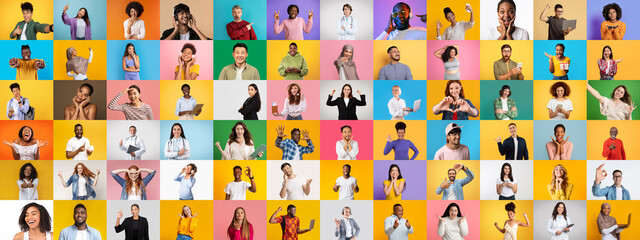 Poster - A collection of portraits featuring diverse individuals expressing happiness and enthusiasm. The vibrant backgrounds enhance the celebration of diversity and togetherness among people.