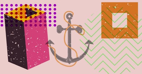 Poster - Risograph Anchor with geometric shapes animation. Moving object in trendy riso graph design video.