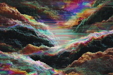 Poster - Glitching Abstract AI Neural Network Displaying Chaotic Patterns With Vibrant Colors and Distorted Forms