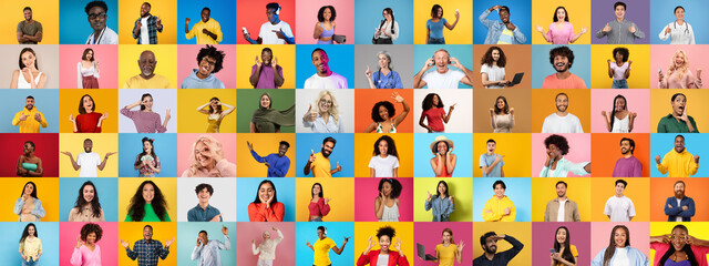 Poster - This vibrant collage features a variety of multiracial individuals expressing joy, connection, and lifestyle. Each person displays unique emotions against colorful backgrounds, highlighting diversity.