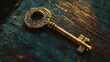 © RIVALDI - Antique gold key on weathered wooden surface.  Detailed ornate key lies on a rustic, dark-toned wooden plank
