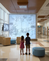 Poster - Two children observe a large abstract drawing in a brightly lit modern building with seating areas