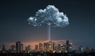 Poster - A cloud connected to a city skyline with glowing lines and a network of connected white lines