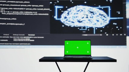 Poster - Surrounded by digital data and AI brain systems, laptop showcases isolated mockup on a screen. Automation platforms and cloud computing ensures modern strategy and innovation. Camera B.