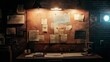 © Cipunk. 99 - Dark room with wooden desk, corkboard filled with papers, and lamps.