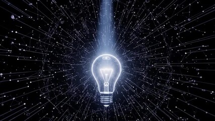 Poster - A glowing lightbulb at the center of a complex network of interconnected lines and nodes against a black background, radiating light and symbolizing connection, innovation, and ideas