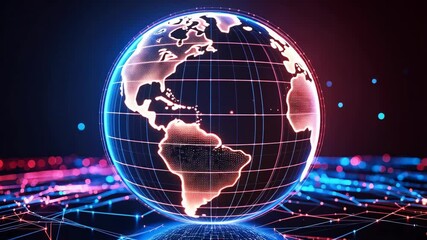 Poster - Abstract globe with continents, glowing neon grid network, futuristic world connections, global technology concept, digital planet representation