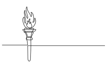Poster - Torch with flame, one line continuous. Torch and fire line art view. Hand drawn vector art.