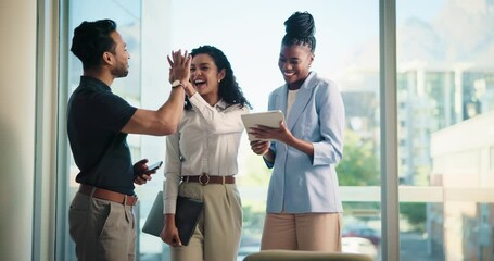 Poster - High five, tablet and business people with meeting, smile and cooperation for success. Group, consulting agency and employee in office with tech, hand gesture and collaboration or email for approval