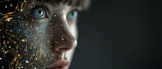 Poster - Close up of a person's face with digital circuit patterns projected onto their skin in a dark setting