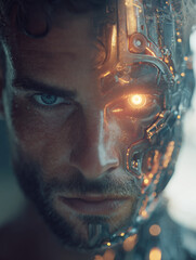Poster - Close up of a man with half of his face being robotic with a glowing eye and visible mechanics