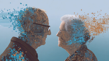 Poster - An elderly couple facing each other with circuit board patterns and disintegration effects on their faces