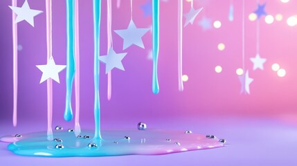 Fototapete - Glossy melting pastel liquid pooling with paper stars suspended midair on bold neon background