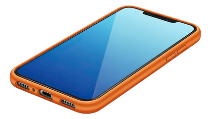 Angled view of a mobile phone with an orange case and a blue reflective screen displayed clearly here on transparent background