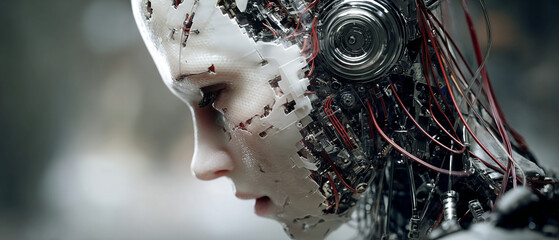 Poster - Close up of a humanoid robot with exposed wires and mechanical parts looking down thoughtfully