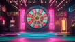 © Cipunk. 99 - Retro game show studio set with neon lights, wheel, and slot machines.