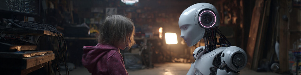 Poster - A young girl looking at a white robot in a dimly lit room with various objects around them