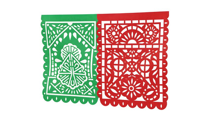 Poster - Colorful cut paper flags with intricate designs in green and red against a transparent background offering a festive and decorative appearance.