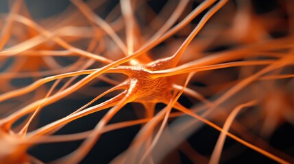 Fototapete - Long axon extensions of bright orange neurons creating a vivid pattern on black
