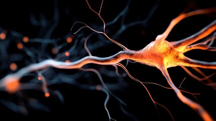 Fototapete - Long axon extensions of bright orange neurons creating a vivid pattern on black