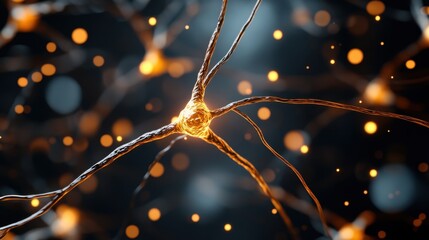 Fototapete - Long axon extensions of bright orange neurons creating a vivid pattern on black