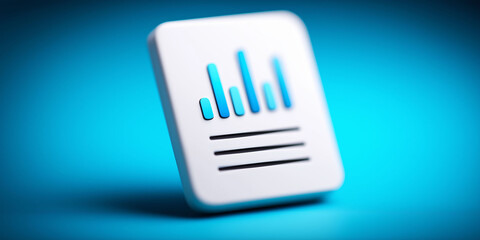 Poster -  3D icon of a document with a bar graph, in a white and blue color theme, on a blue background,